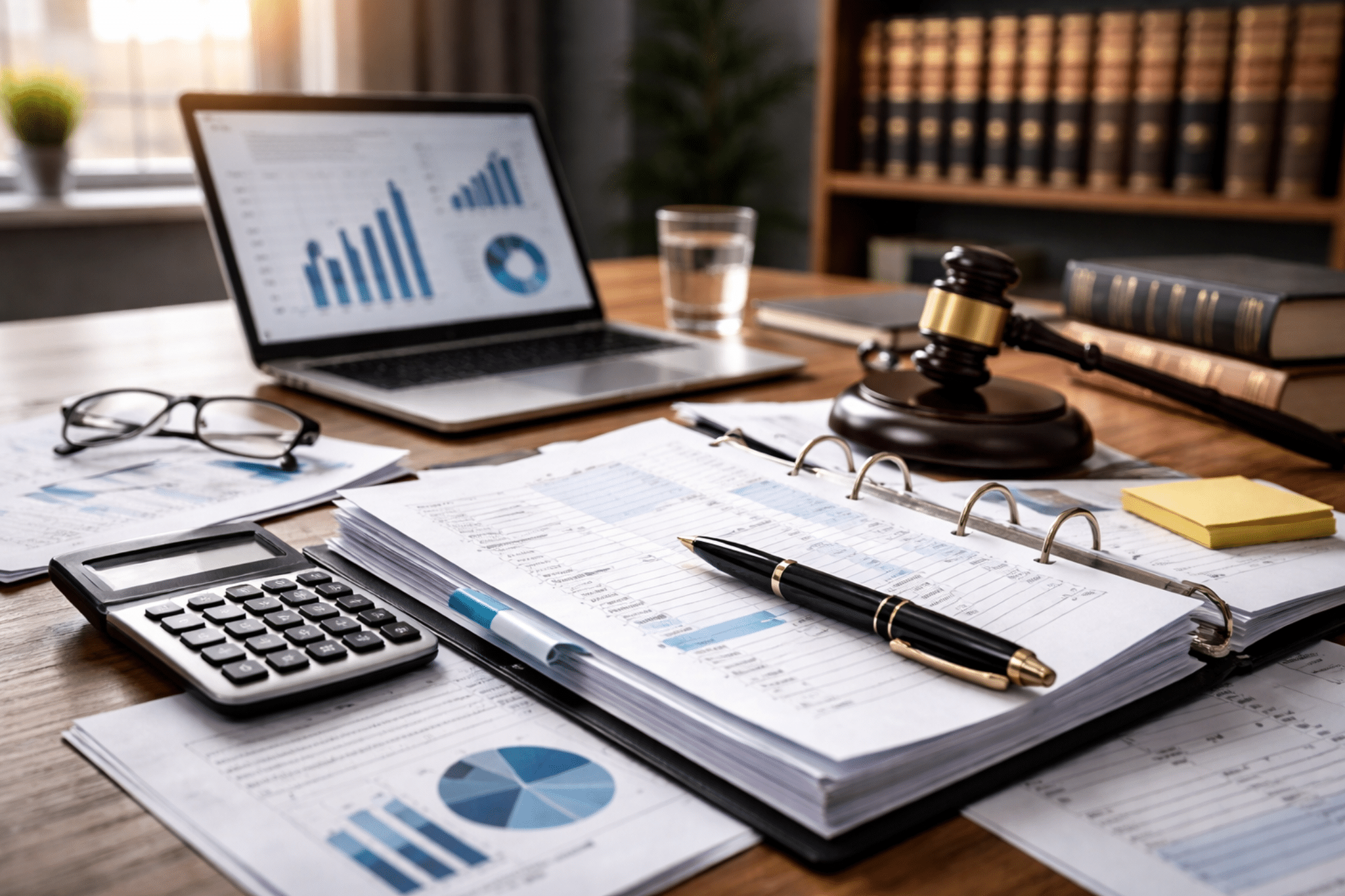 Legal accounting documents with calculator, laptop charts and judge gavel on desk