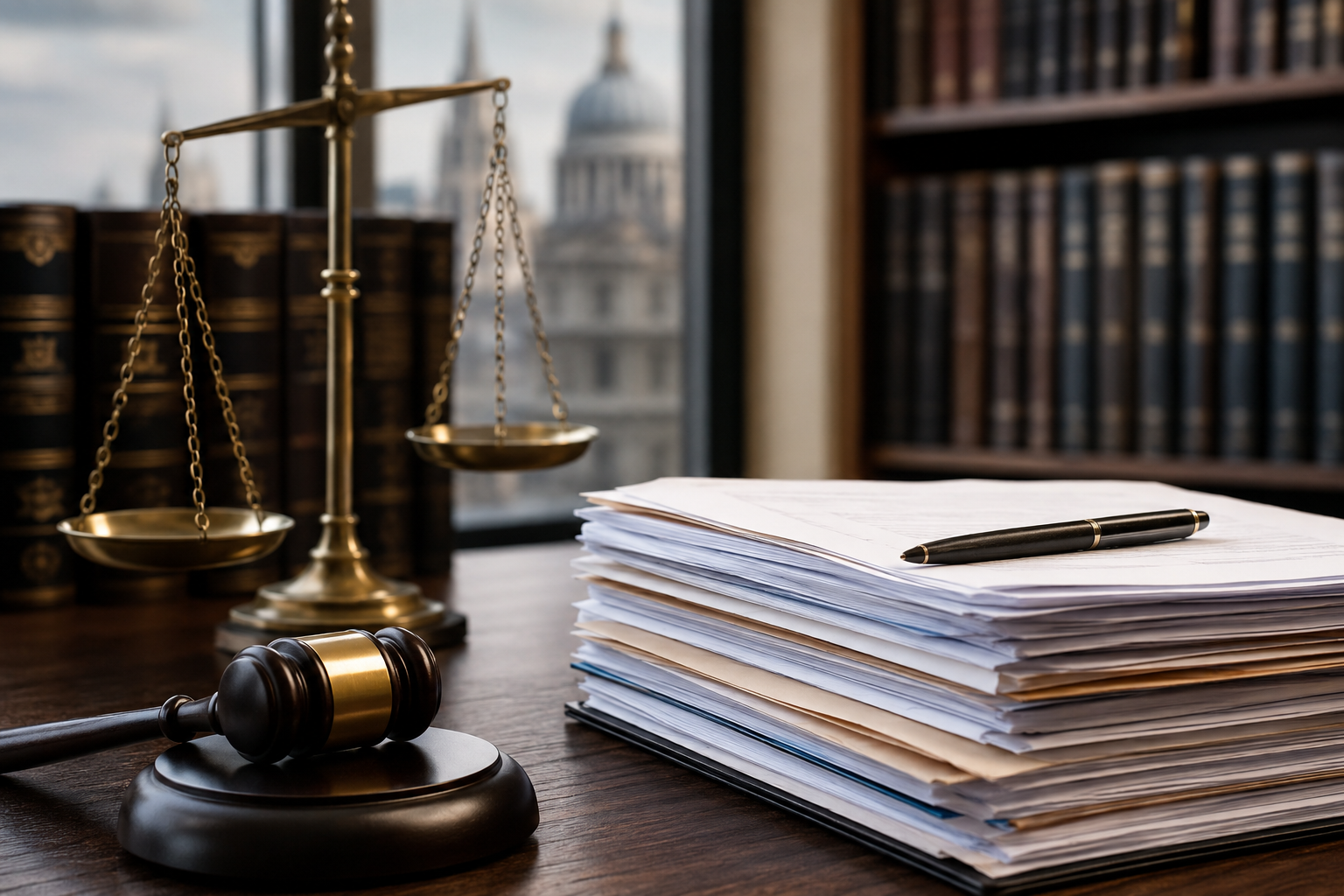 Legal documents on a desk with a gavel, scales of justice and law books in the background.