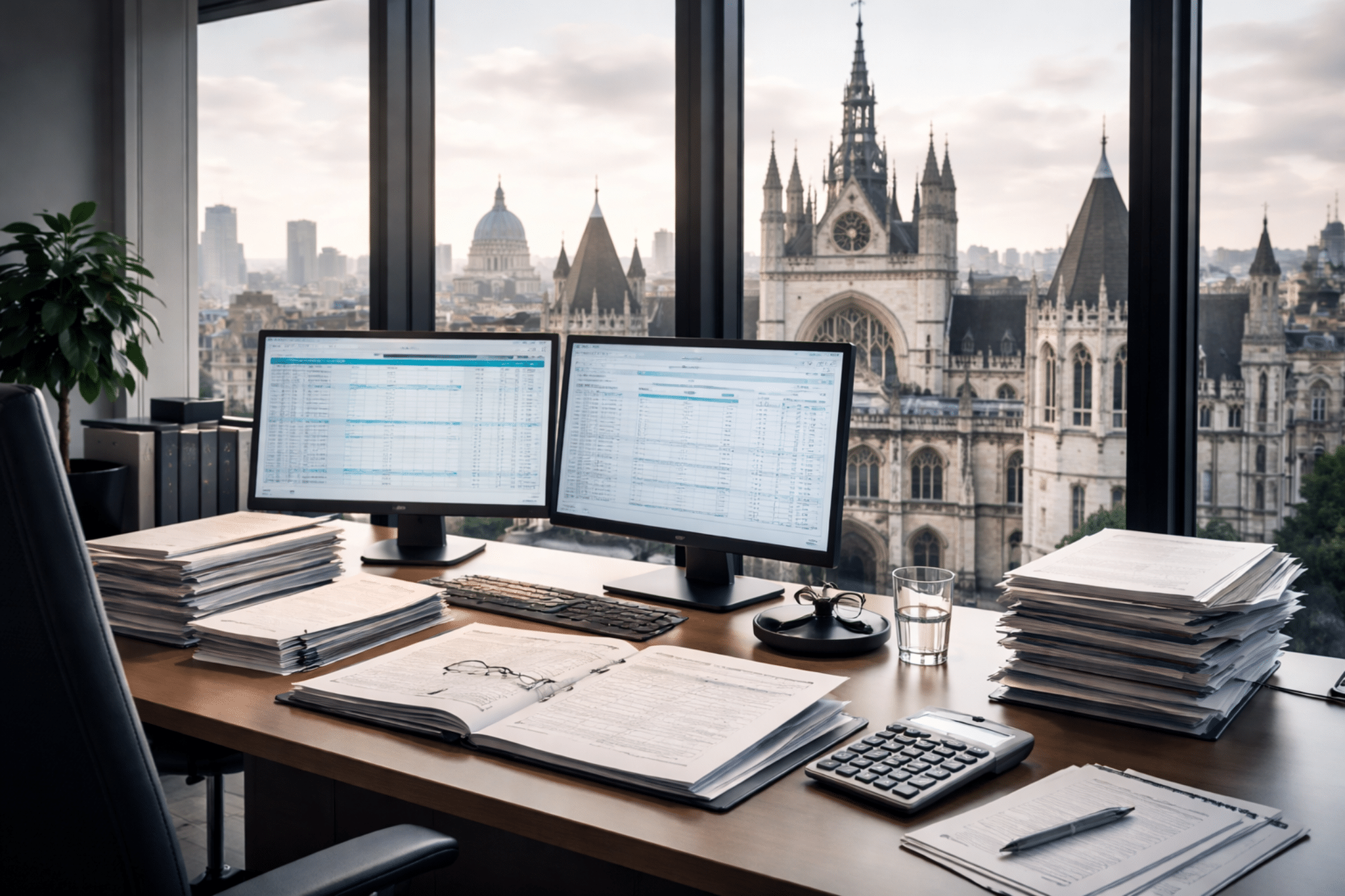 Office desk with financial documents and dual monitors overlooking the London skyline and historic buildings.