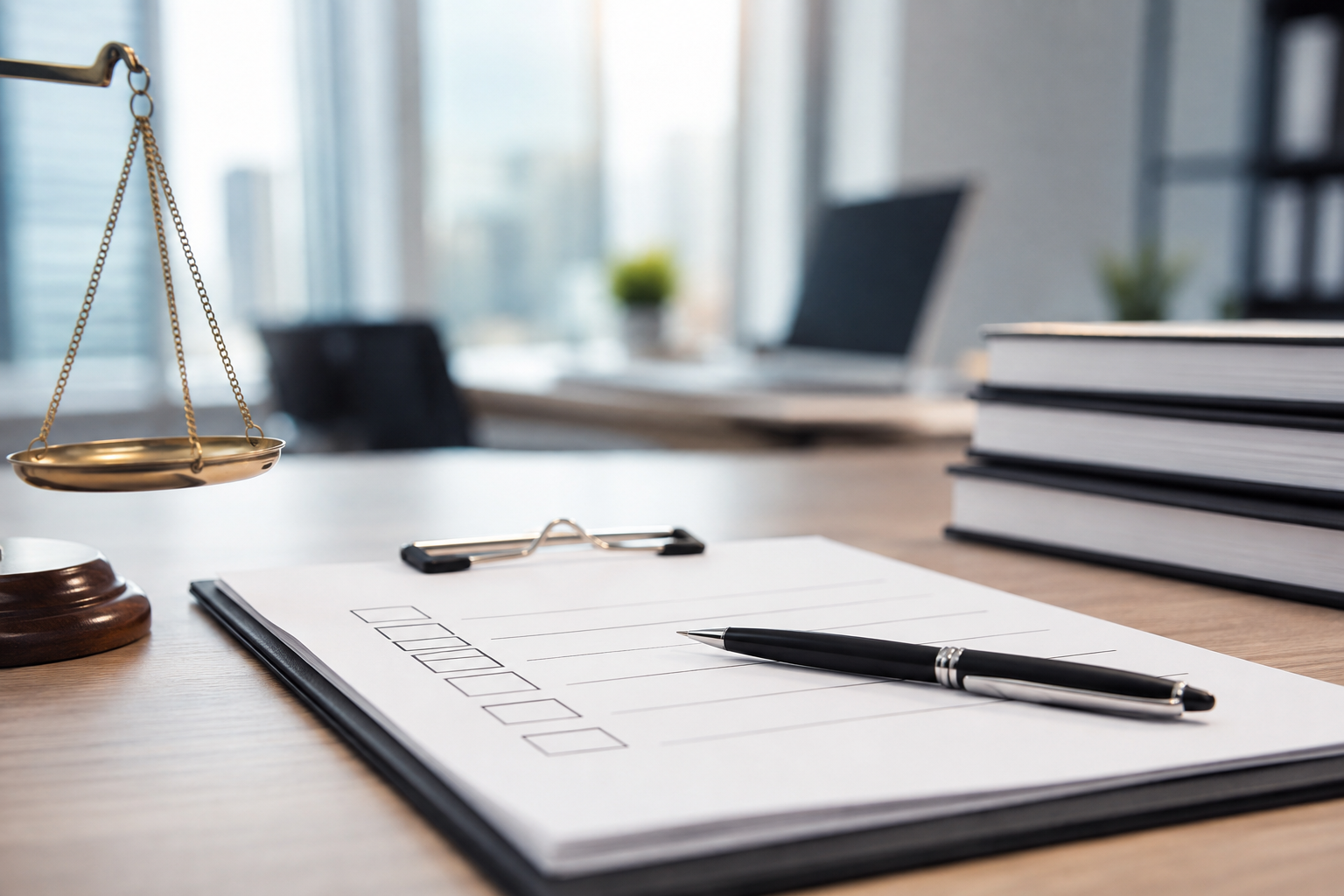 Legal checklist with scales of justice and law books